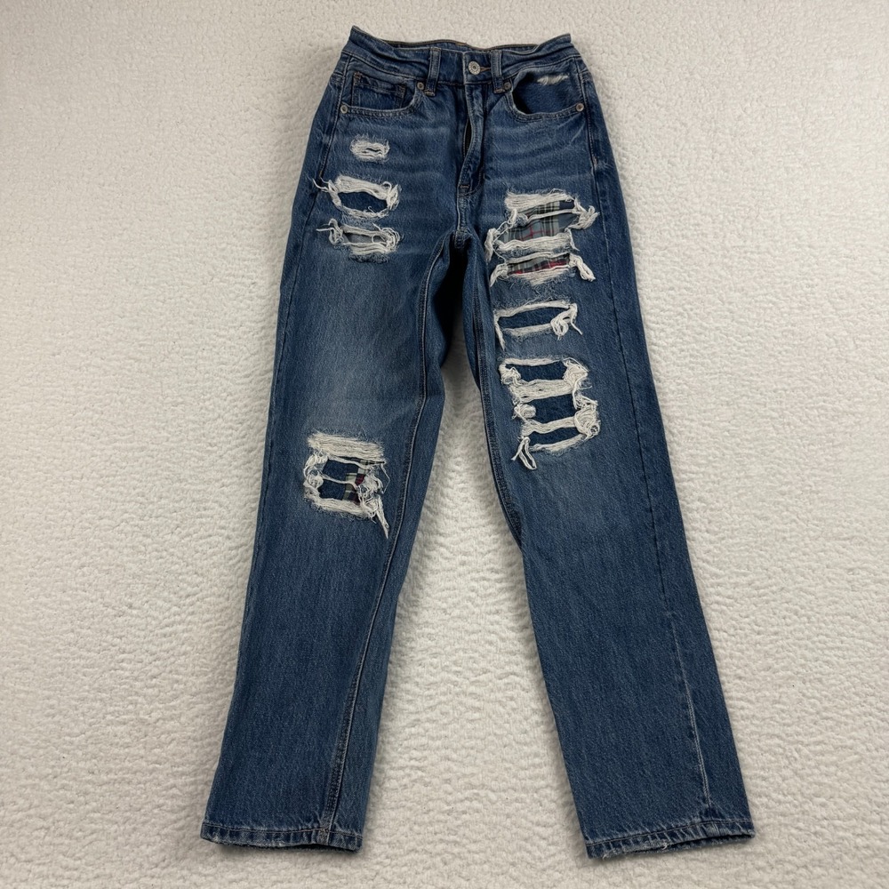 American Eagle Outfitters Mom Straight Jeans Womens 00 Blue Denim Cotton Ripped